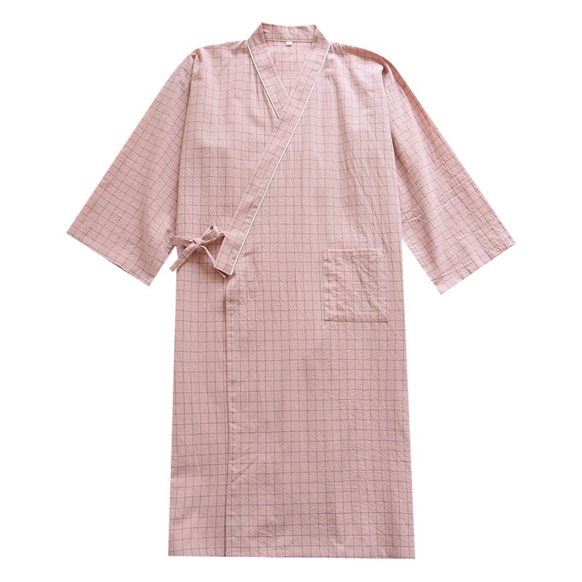 Japanese Style Plaid Washed Cotton Women's Kimono Pajamas Long Nightgown Nightgown Spring and Summer Gauze Lace-Up Bathrobe Sweatshirt