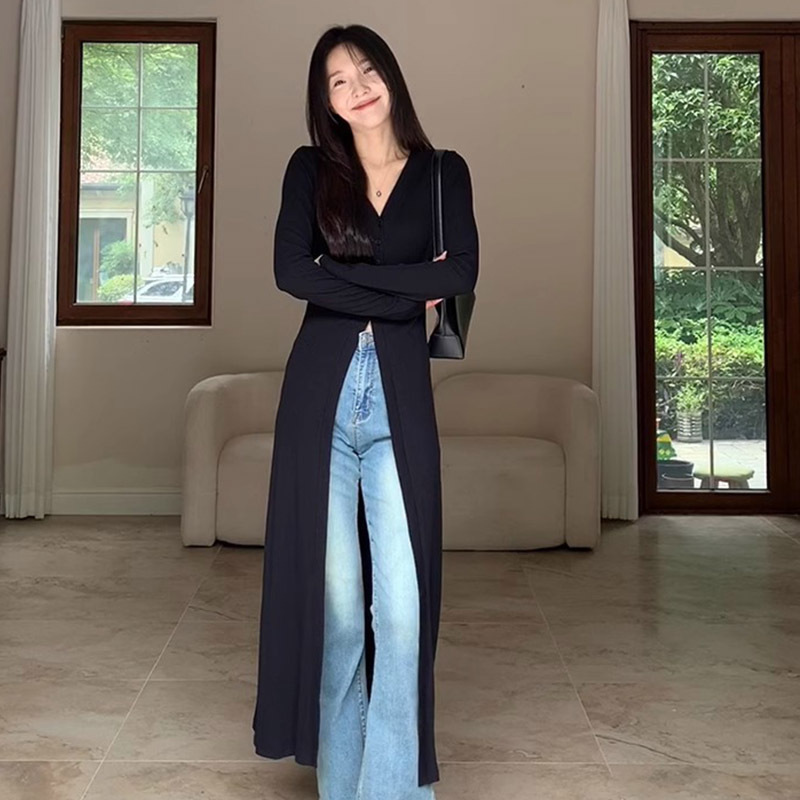 Sunscreen Coat Women's Cardigan Summer Thin Design Sense Niche Elegant Black V-Neck Long Sleeve Top