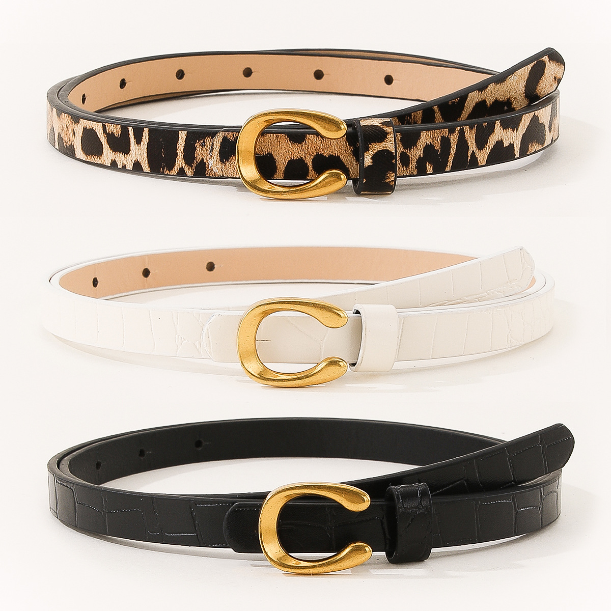 Cross-Border Popular 3-Piece Set of Leopard Print and Letter Print Belt U-Shaped Alloy Buckle Women's Multi-Functional Thin Belt