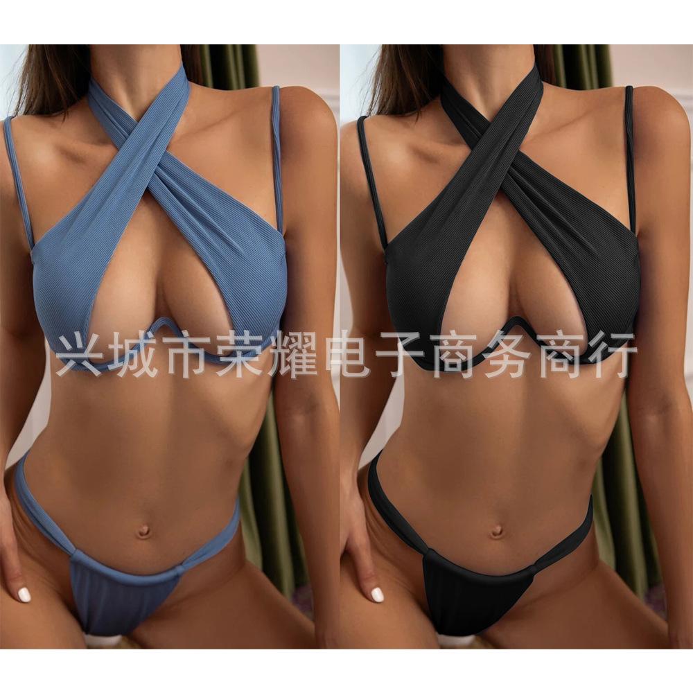 2024 New Explosions Foreign Trade AliExpress Amazon Women's Solid Color Bandage Split Swimsuit Sexy Bikini Bikini