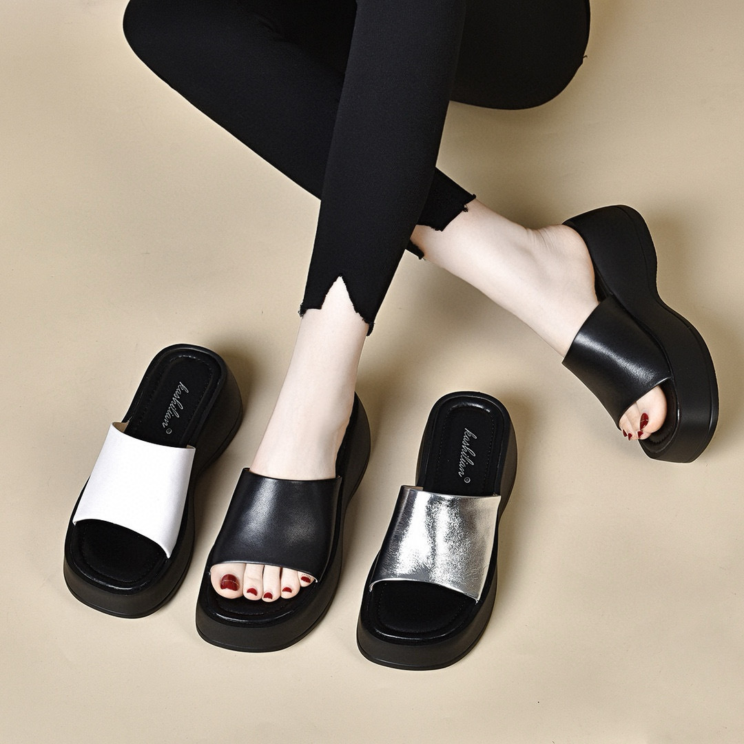 Women's Platform Slippers for Outer Wear 2024 Summer New European and American Style Simple Elegant Open Toe Platform Slippers with Cowhide for Women
