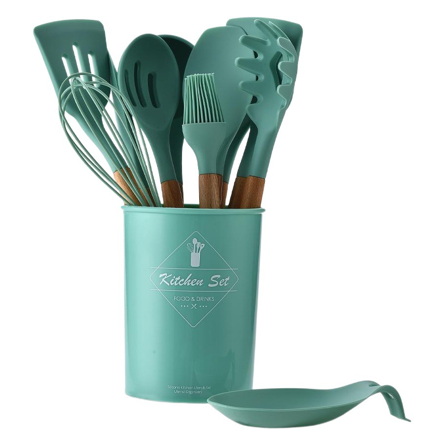 New Color Forest Green Silicone Kitchenware 12-Piece Set Cooking Spatula Kitchen Utensils Tool Spoon Holder Storage Bucket Set