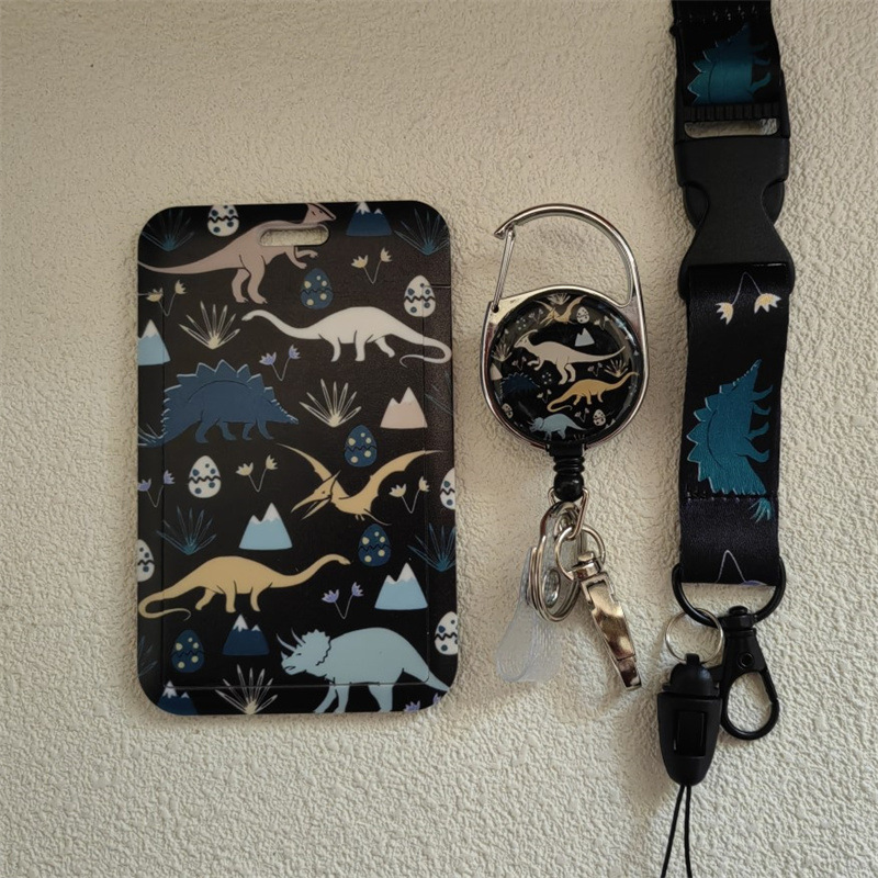 Picture of dinosaur polyester removable lanyard uv double-sided printing card sleeve retractable easy pull buckle printable logo