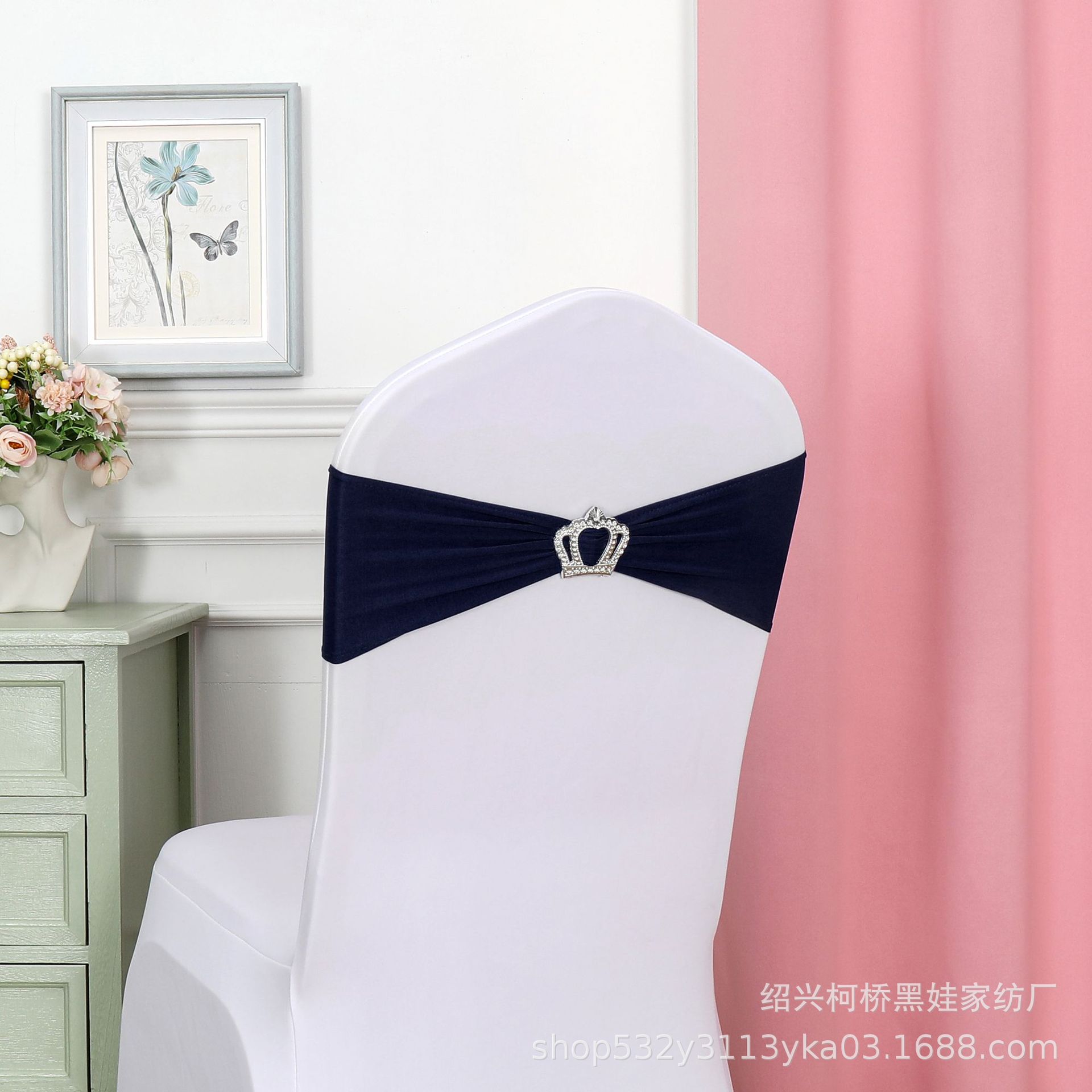 Picture of Chair Back Flower Bow Crown Diamond Buckle Elastic Banquet Chair Set Decoration Free Wedding Strap Ribbon Wedding Ribbon