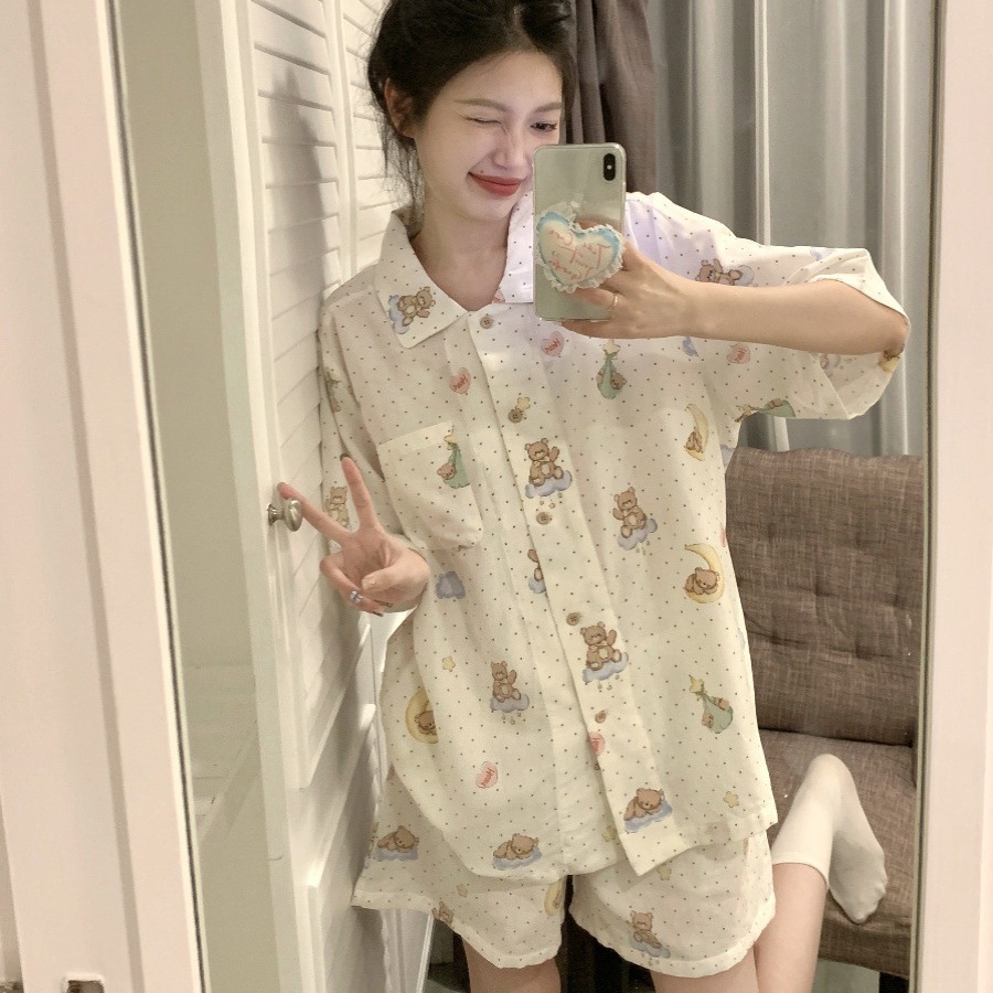 Japanese Style Cartoon Animal Pajamas Girl's Summer Short-sleeved Shorts Clouds Cotton Sweet Cute Student suit Can Wear