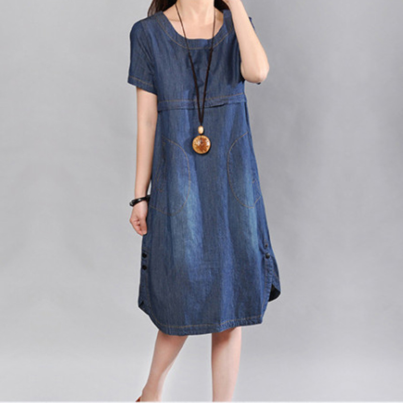 Spot Summer Korean Style Plus Size Women's Washed Denim Skirt Loose Round Neck Short-Sleeved Mid-Length Dress