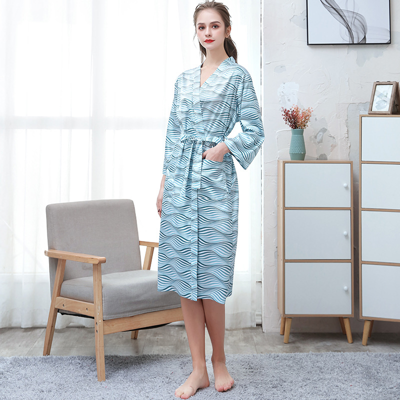 Picture of Couple ice silk bathrobe women's summer thin digital printing artificial silk nightgown men's plus size pajamas spring and autumn