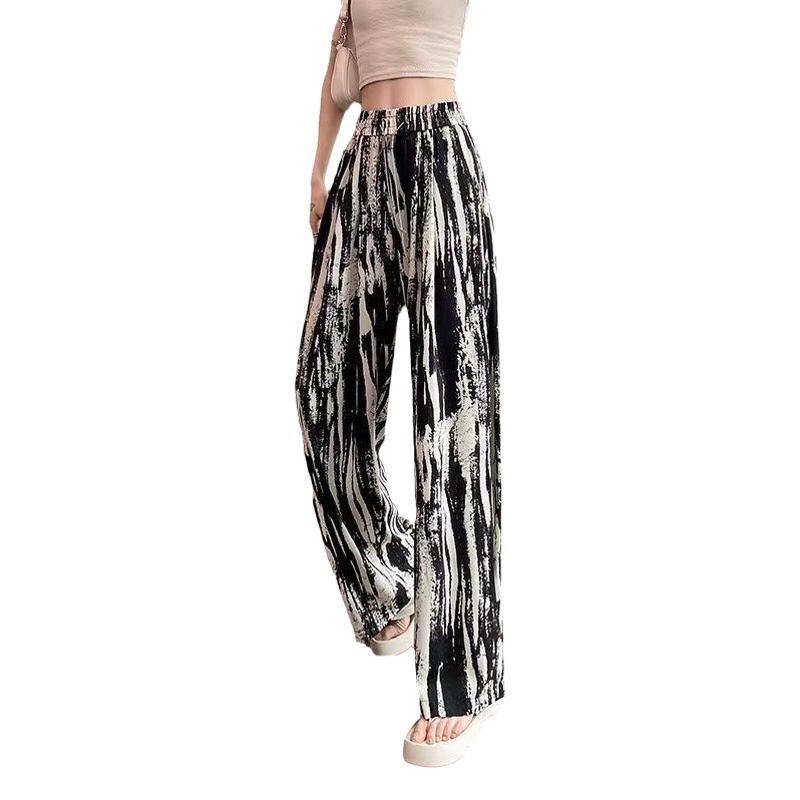 Ice Silk Thread Tie-Dye plus size Wide-Leg Pants Women's Summer Thin High Waist Dagging Straight Loose Slimming Casual Pants