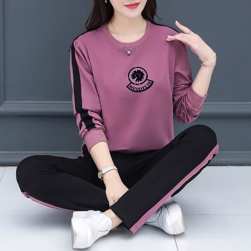 Large Size Long Sleeve Casual Sportswear Set Women's Spring and Autumn 2022 Korean Style Loose Belly Covering Crewneck Sweatshirt Two-Piece Set