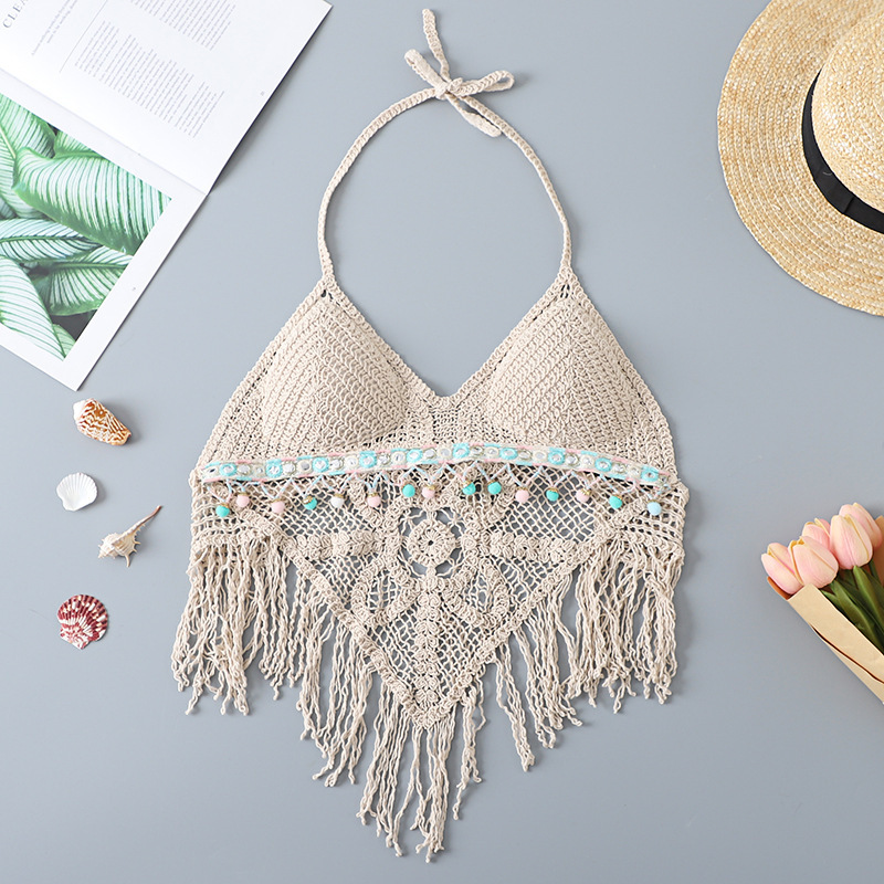 European and American new sequined halter knitted sling women's hollow sexy holiday beach short crocheted vest with chest pad