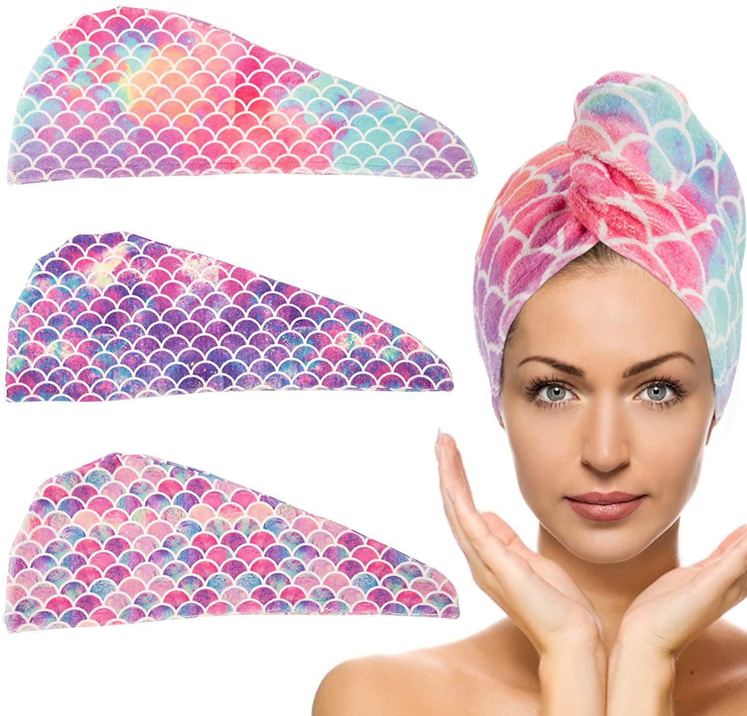 Cross border fish scale printing hair dry hat microfiber hair dry towel mermaid printing logo scarf hair cap
