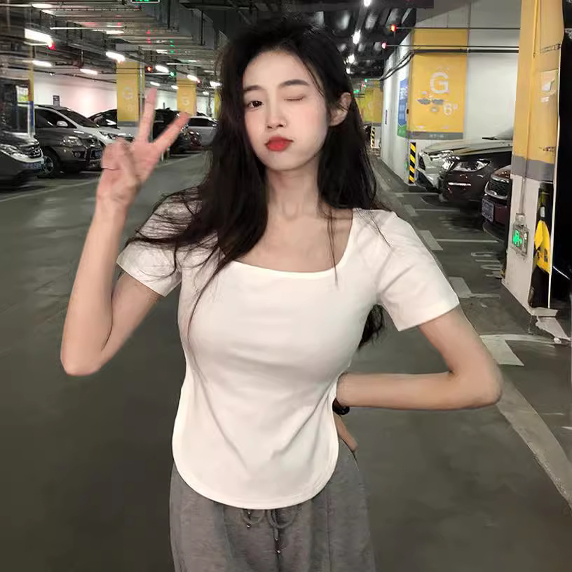 2025 New Summer Style Pure Lust Style Big U-Neck Sexy Top Slimming Look Slim Asymmetrical Short-Sleeved T-Shirt for Women Ins