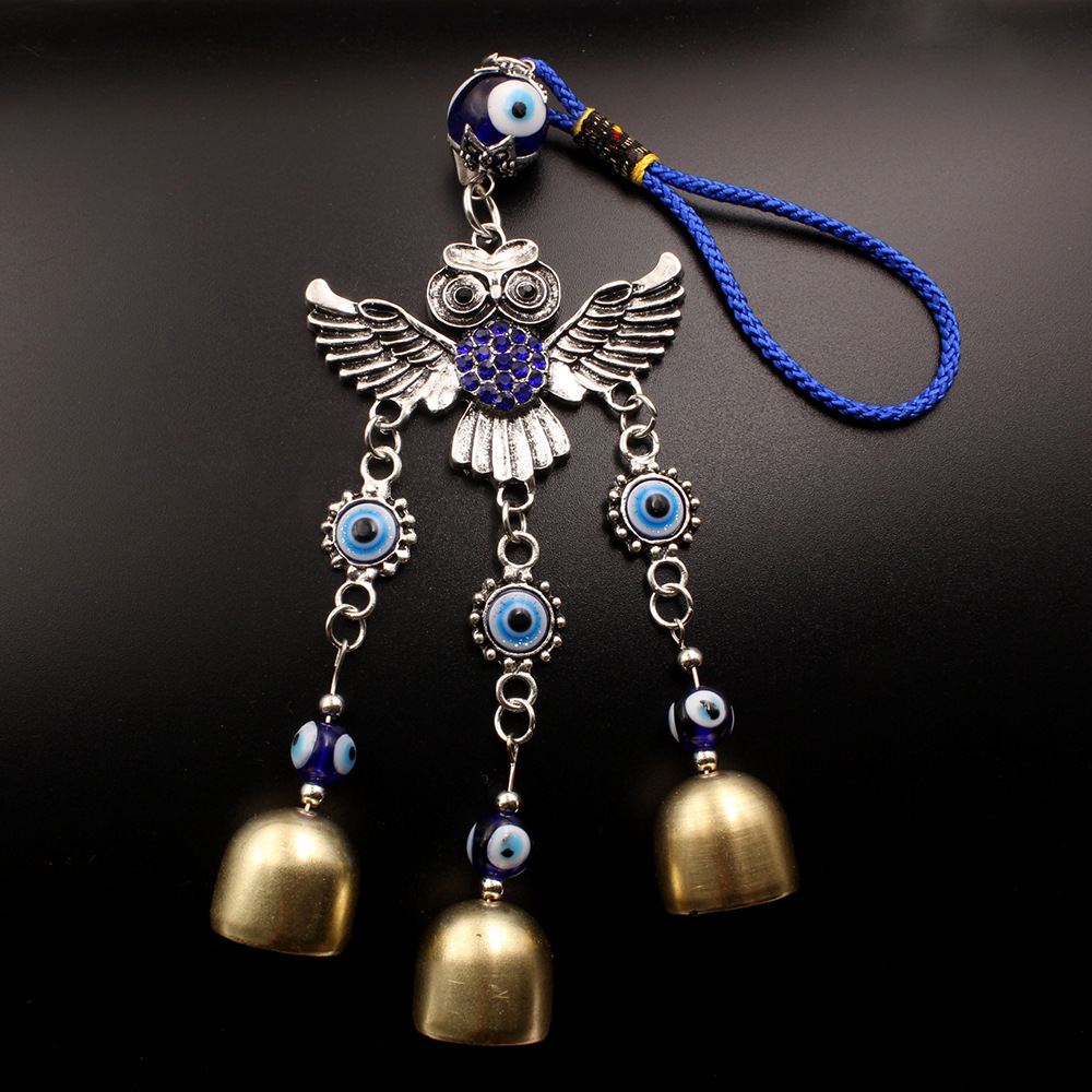 Picture of Alloy Spread-Winged Owl Blue Diamond Copper-Colored Bell Blue Pendant Evil Eye Car Hanging Ornament