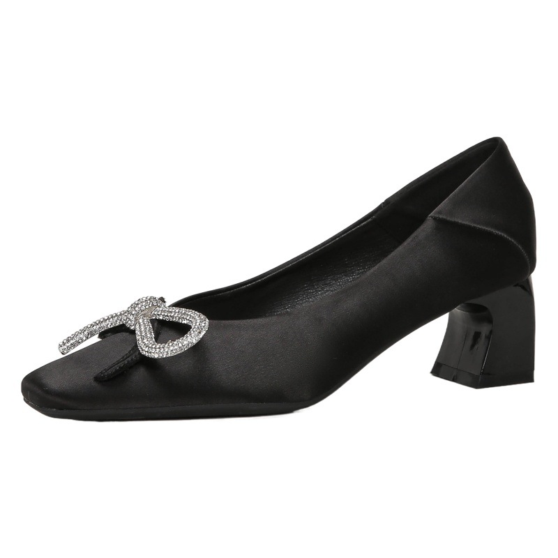 H759-3 satin square toe high heels women's ing trendy feng shui diamond accessories chunky heel women's shoes genuine leather insole Spring New