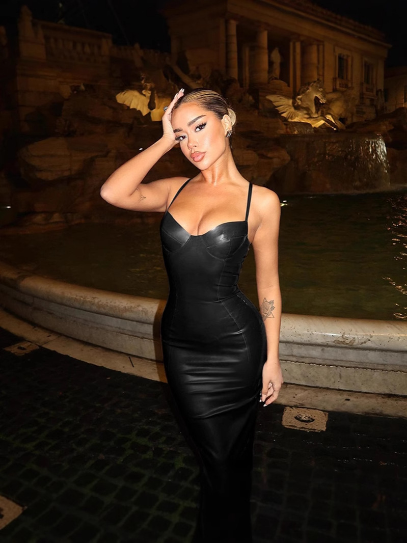 2024 European and American style elegant fashion solid color PU leather stitching sexy waist tight hip sling dress