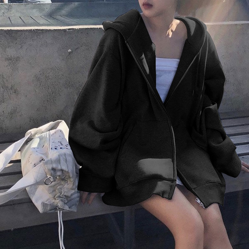 Picture of Grey Thin Zipper Sweatshirt Women's Spring and Autumn Korean Casual Jacket Large Size Loose Sports Hooded Solid Color Top