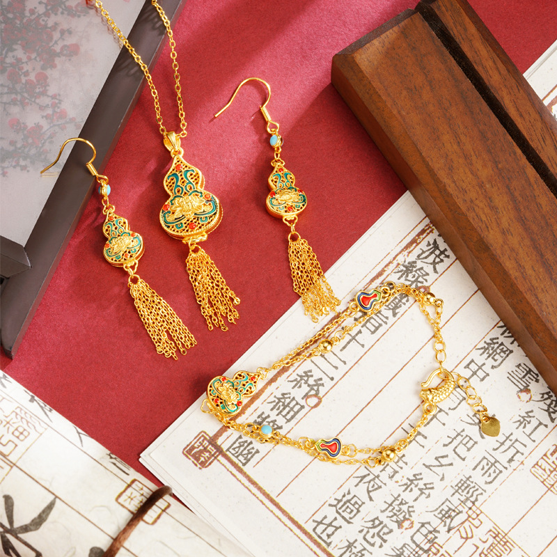 New Chinese Style Ancient Sha Gold Necklace Court Style Tassel Lotus Gourd Earrings Bracelet Light Luxury Long-term Color-free Jewelry