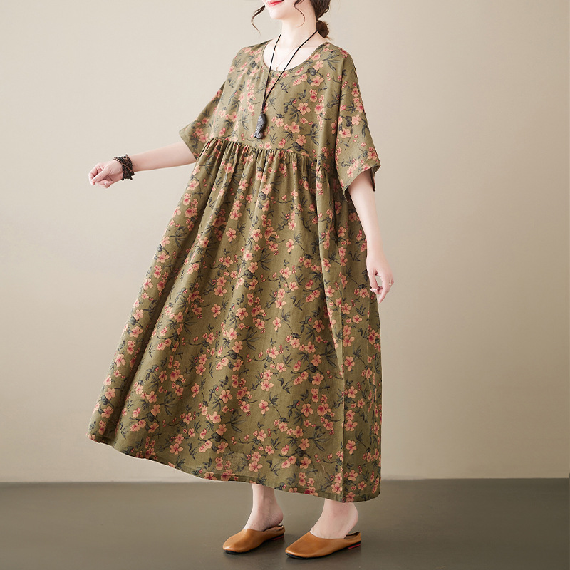 Large Size Women's A- line Dress 2023 Summer Vintage Age-reducing Mori Girl's Pastoral Style Round Neck Pullover Dress for Chubby Girls