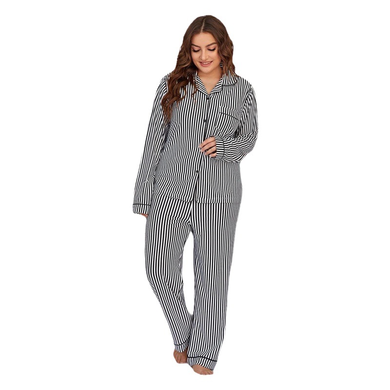 Cross-Border European and American Fat mm Plus Size Women's Pajamas Stripesd Long-Sleeved Casual Large Size Home Clothes Set Export Independent Station