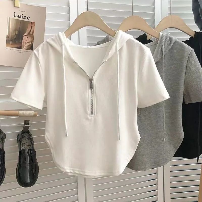 Summer New Style Pure Desire Style Short Hot Girl Women's Clothing 2023 Solid Color Drawstring Hooded Zipper White Short-sleeved T-shirt Top
