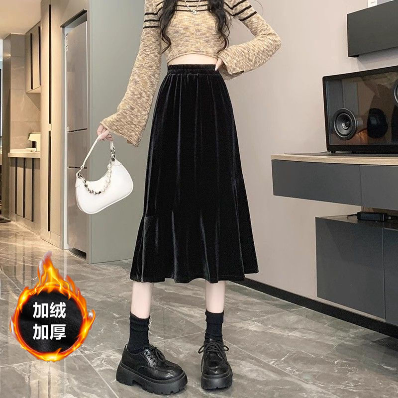 Winter fleece-lined Thickened Golden Velvet Skirt Women's High Waist A- Line Skirt Mid-Length Draped Fishtail Skirt