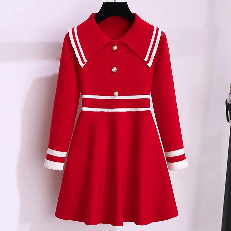 Picture of Girls' Autumn Dress New Style Children's Spring and Autumn Doll Collar Sweater Dress Children's College Style Knitted Skirt Trendy
