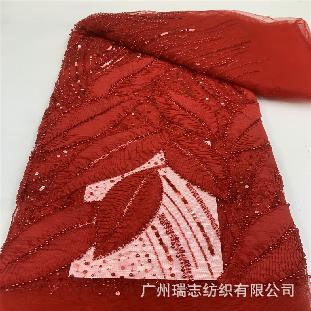 In stock new products single side disc leaf bead tube embroidery fabric polyester mesh fabric wedding dress cheongsam lace lace