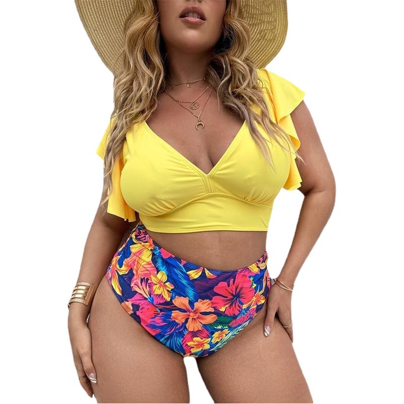 2023 New Cross-Border Export European and American Large Size Split Bikini Push-Up Ruffled Printed High-Waisted Swimsuit for Women
