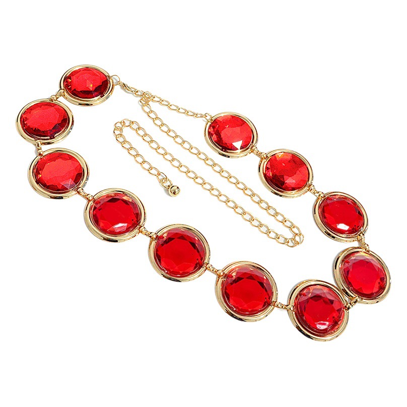 Cross-border European and American women's belt mirror casual decorative waist agate crystal waist chain Ruby metal chain wholesale