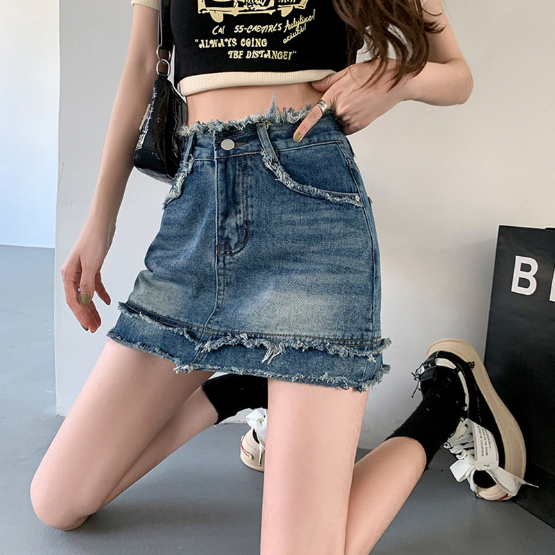 Woolen Denim Skirt Women's ins Thin Summer High Waist A- line Hip Covering Loose Niche Hip Retro Short Skirt