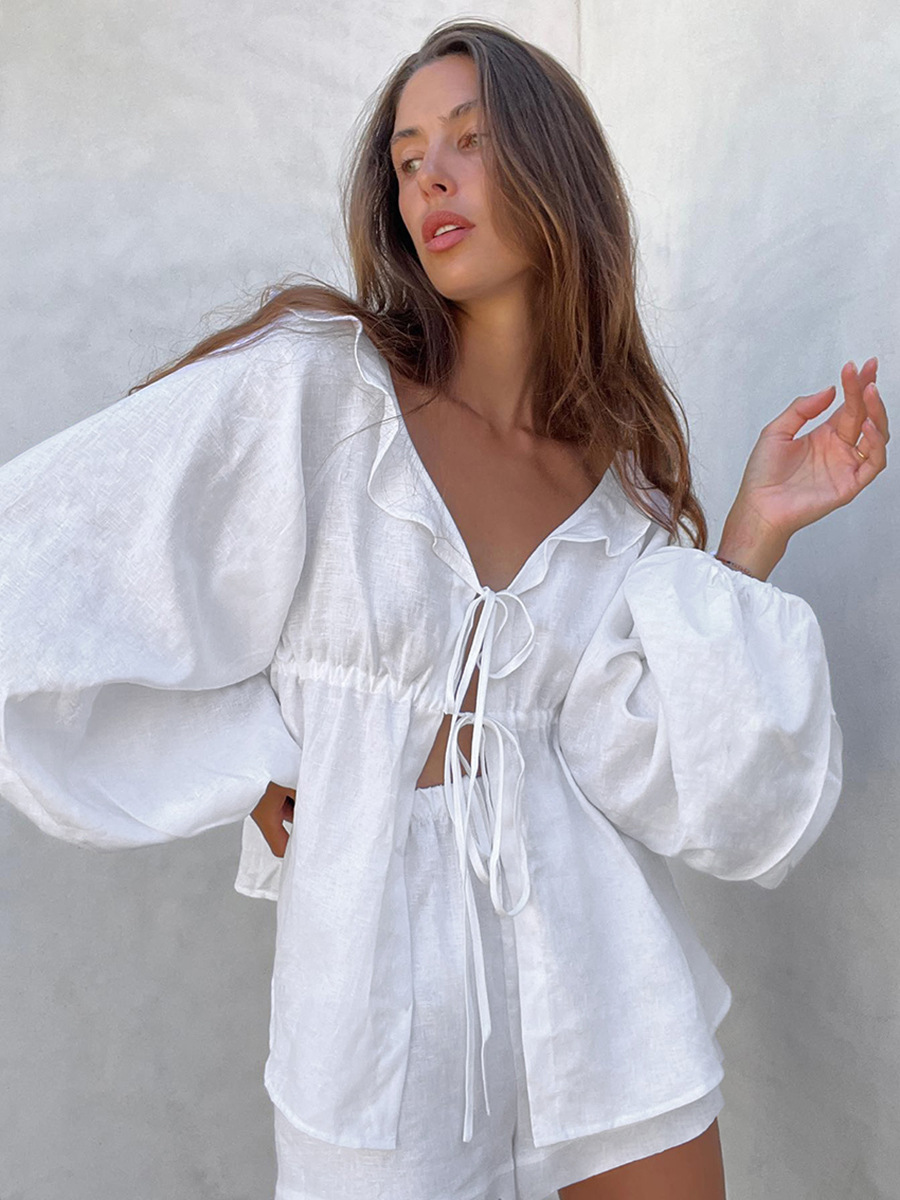 2025 European and American New Cotton and Linen White Lantern Sleeve V Neck Top Shorts Set Summer Export Women's Two-Piece Set