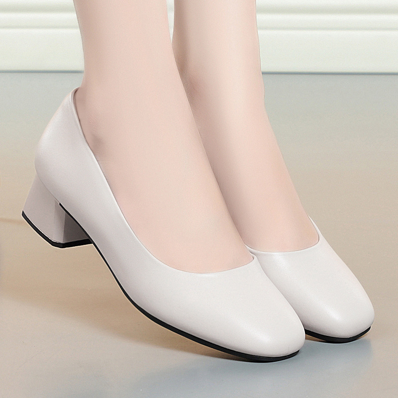 Spring and Autumn Square Head Soft Bottom Thick Heel Long Station Not Tired Stewardess Work Shoes Interview Shoes Women's Single Shoes Work Commuter Women's Shoes