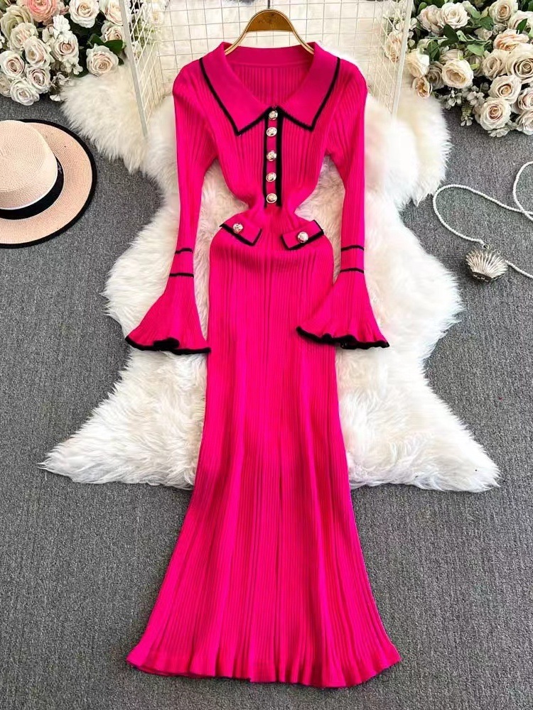 Cross-Border French Socialite Hot Girl Style Autumn and Winter New Temperament Niche Long Lapel Knitted Dress for Women
