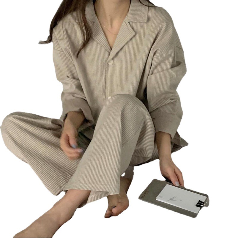 ins style simple striped pajamas women's autumn and winter new long-sleeved trousers loose outerwear spring homewear suit