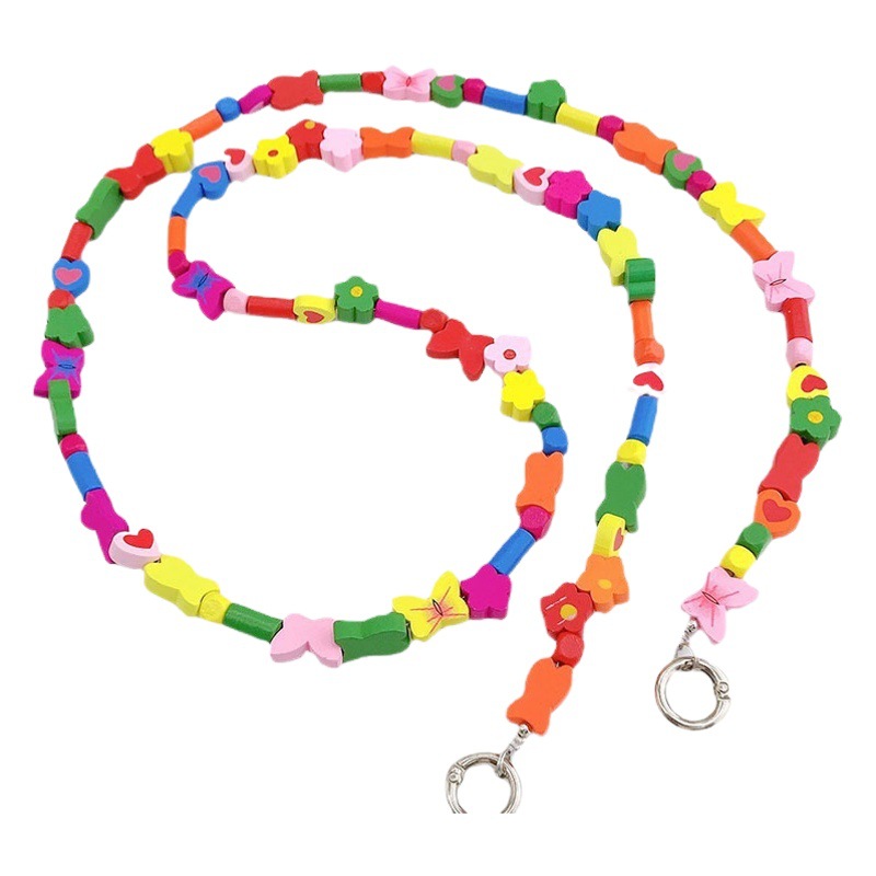 New Colorful Wood Beads Butterfly Crossbody Mobile Phone Strap Chain Mobile Phone Case Hanging Chain Shoulder Strap Pendant Decoration Building Blocks Trendy