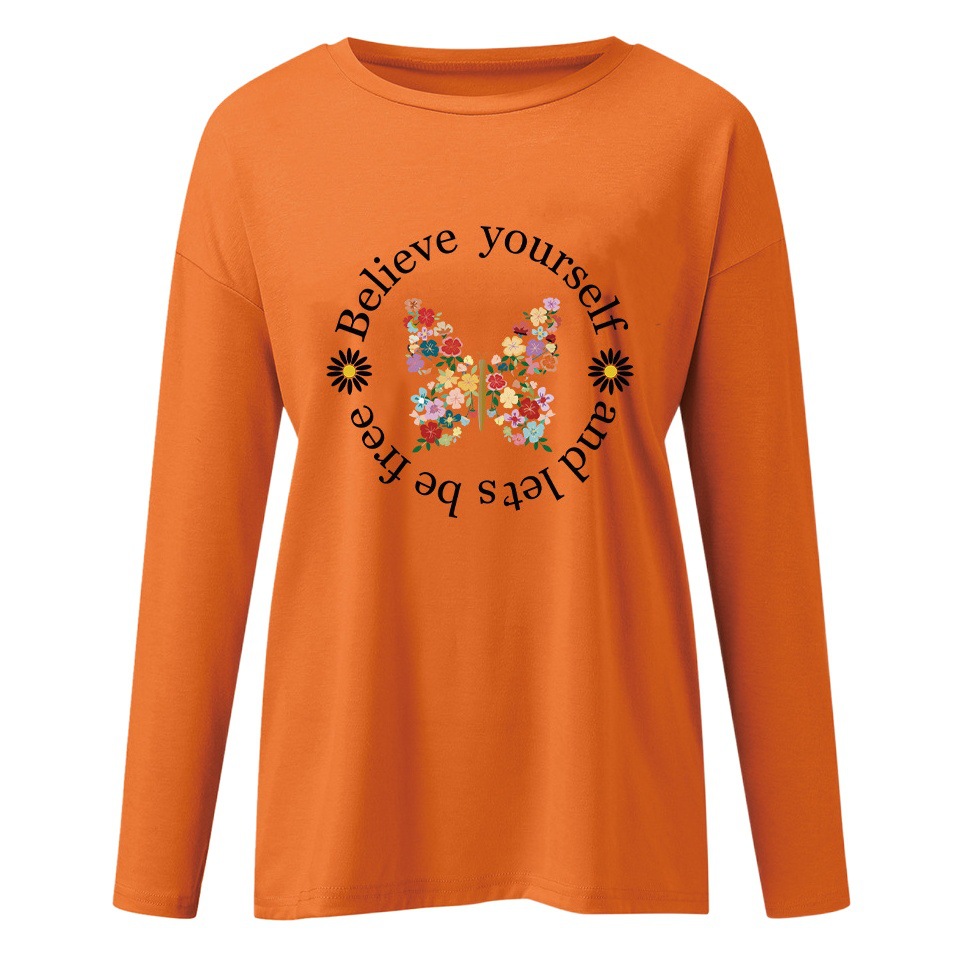 Amazon cross-border new drop-shoulder long sleeve Believe yourself butterfly women's pullover long sleeve