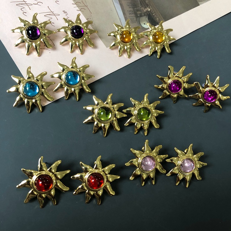 Electroplated Real Gold Color Gem Sunflower Silver Needle Earrings Ear Clip French Middle Ancient Earrings Women's Accessories