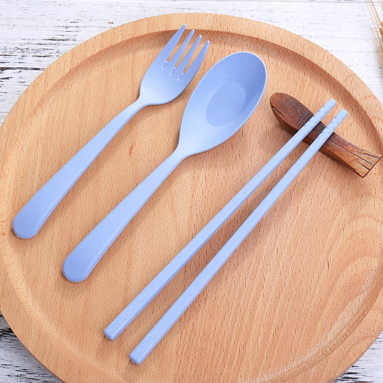 Picture of Wheat Straw Tableware Fork, Spoon and Chopsticks Three-Piece Set Scandinavian Color Kidsren's Outdoor Travel Picnic Portable Tableware Set