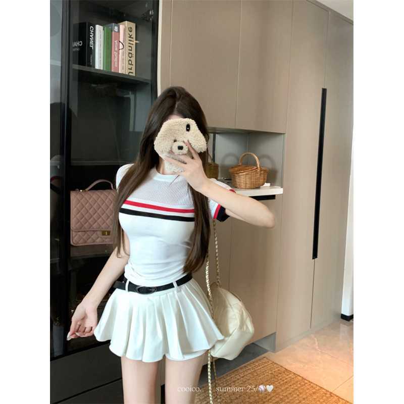 Real Shot of Niche Waist Slimming Knitted Short-Sleeved Women's Translucent Slim-Fitting Inner Top