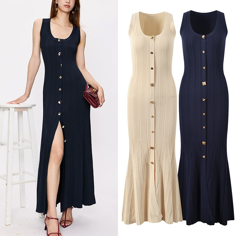 Cross-border in stock 2025 Summer New Nanyou high quality Sleeveless Metal Buckle Bag Hip European and American Style Knitted dress