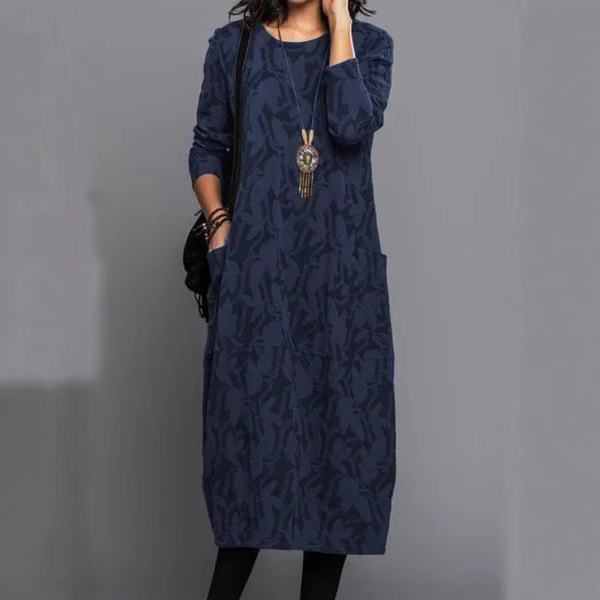 Cross-border AliExpress wish2024 spring and autumn printed round neck casual temperament long sleeve pocket dress women wholesale