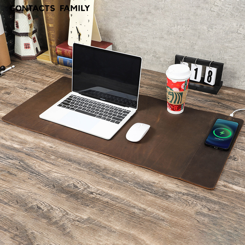 Picture of Retro Brown Cowhide Mouse Pad Oversized Dirt-Resistant Waterproof Belt 15W Wireless Leather Computer Office Mat