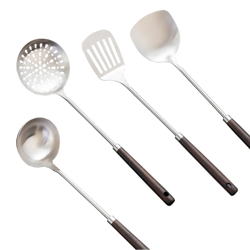 Kitchen Cooking Utensils Four-piece Set Soup Spoon Long Handle Household Stir-frying Shovel Set Wooden Handle Stainless Steel Pot