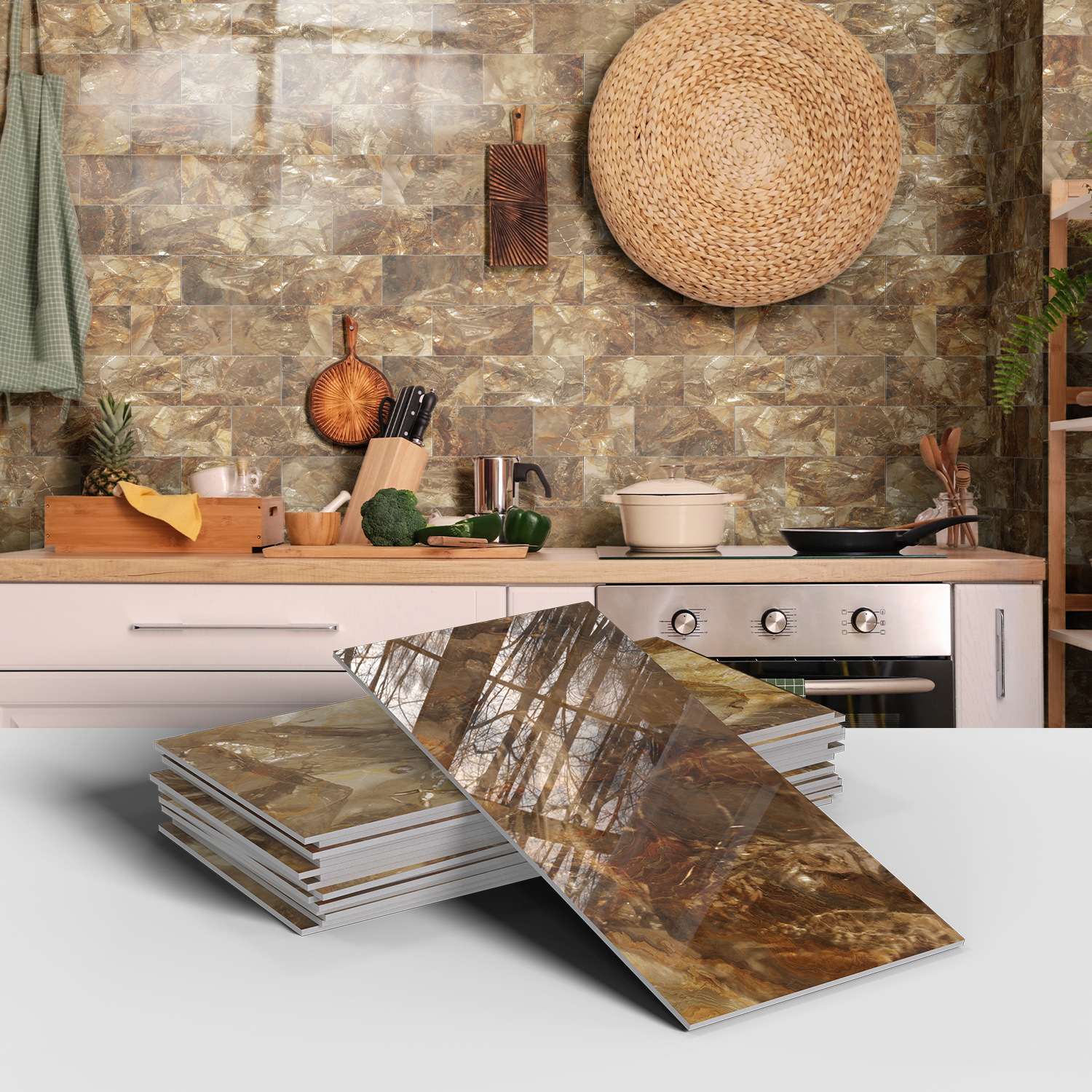Picture of Crystal Marble Tile Wall Stickers Thickened PET Waterproof Self-adhesive Wallpaper for Kitchen Living Room Wall Decoration Cross Border