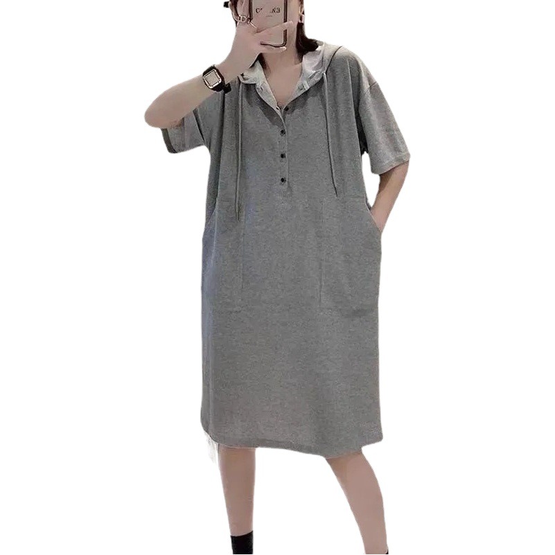 Cross-border wholesale solid color A- line hooded casual large size dress European Station short sleeve T-shirt skirt long skirt tide