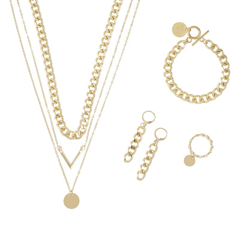 Middle East Hot V-shaped Necklace Jewelry Set Aluminum Chain Chain Ring Multi-layer Necklace Bracelet