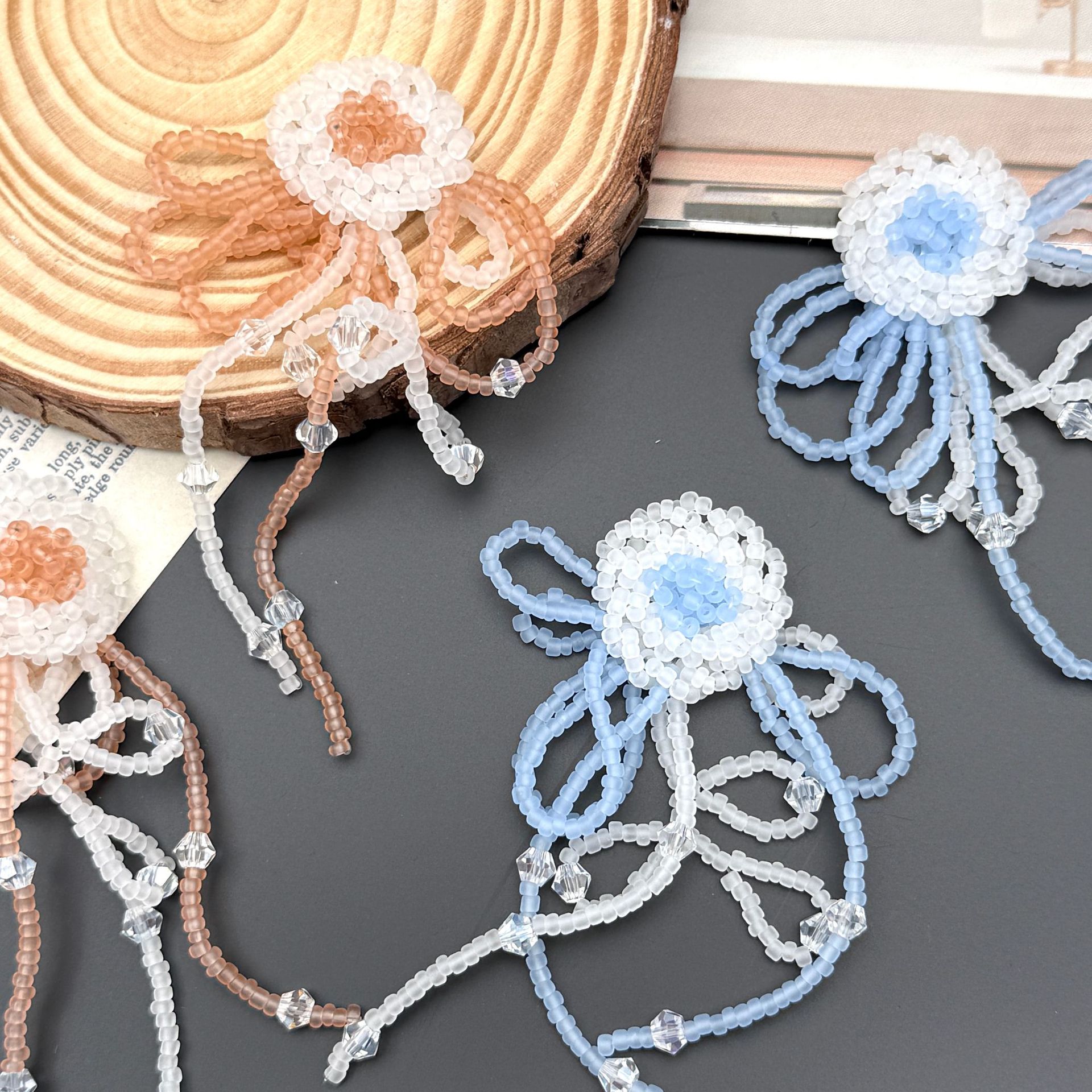 Picture of New handmade DIY glass bead braided beaded cool wind tassel long flower bow earrings hair accessories