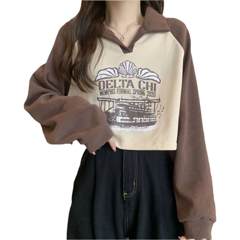 plus size chubby girl Slim-fit Short Sweater Women's Long-sleeved Autumn Design Sense Printed Polo Lapel Loose Meat-covered Top