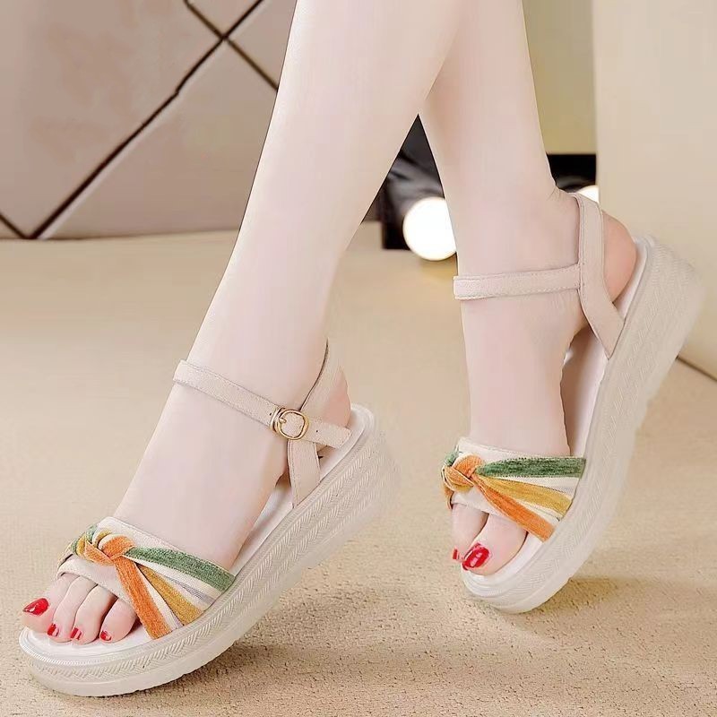 Colorblock Sandals Women's 2024 Summer New All-match Wedge Heel Belt Fashionable Outwear Fairy Style Platform High Heels
