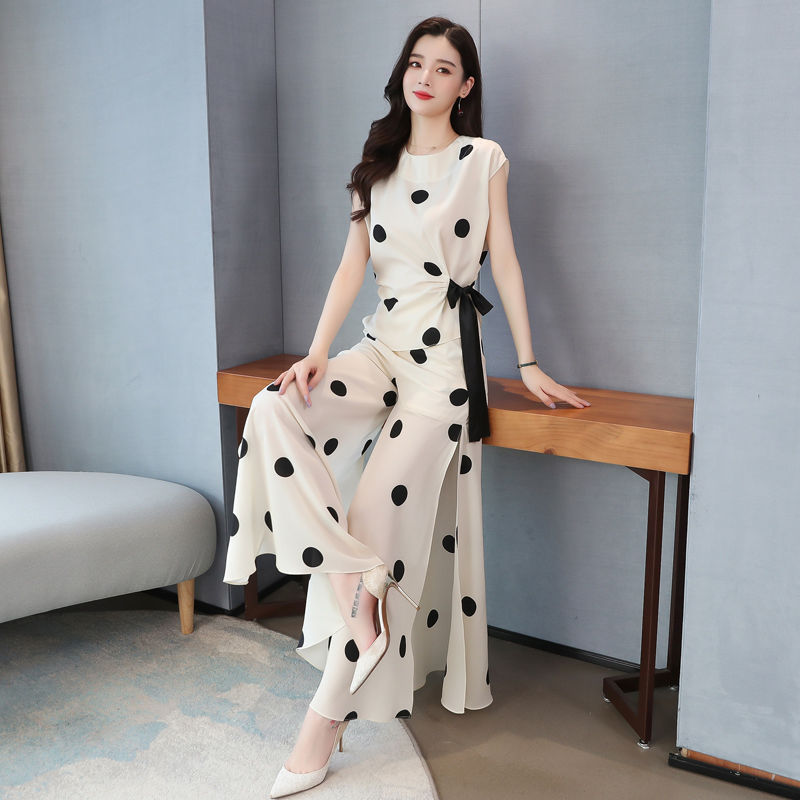 Picture of Chiffon Wide-Leg Pants Fashion Suit for Women 2024 Summer New Style Cool Royal Sister Style Age-Reducing Polka Dot Two-Piece Set